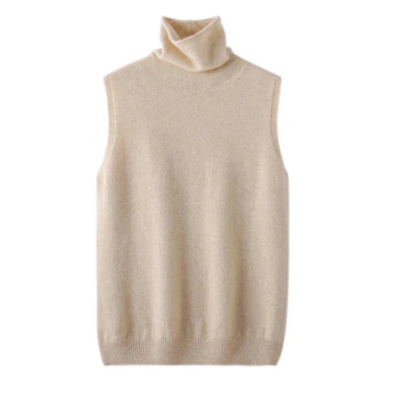 Ærmeløs strikvest med rullekrave Beige
