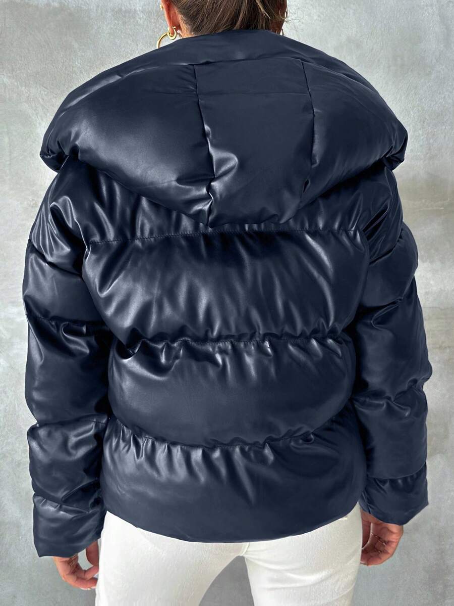 Blank puffer vinterjakke dame med hætte og høj krave, kort og vatteret, Marineblå, billede 2