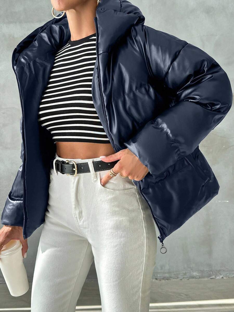 Blank puffer vinterjakke dame med hætte og høj krave, kort og vatteret, Marineblå, billede 3