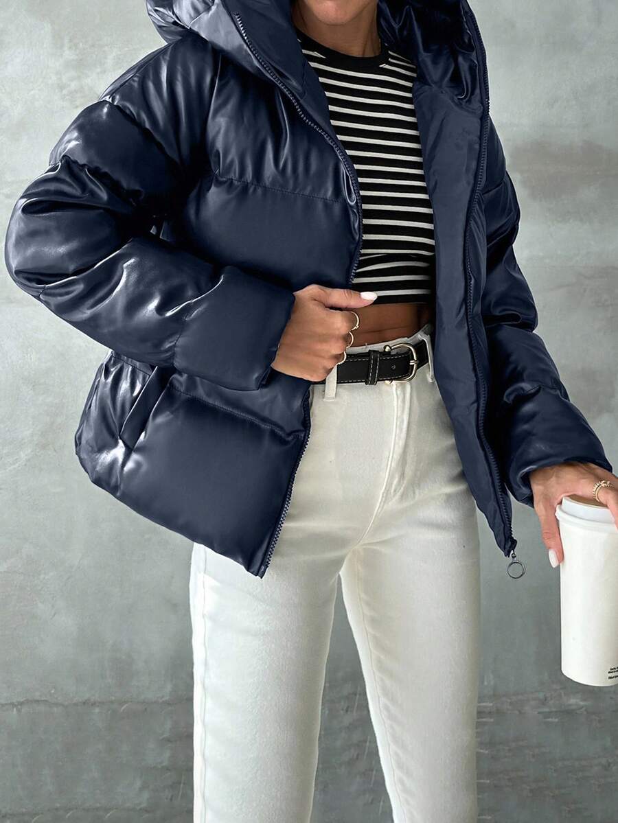 Blank puffer vinterjakke dame med hætte og høj krave, kort og vatteret, Marineblå, billede 4
