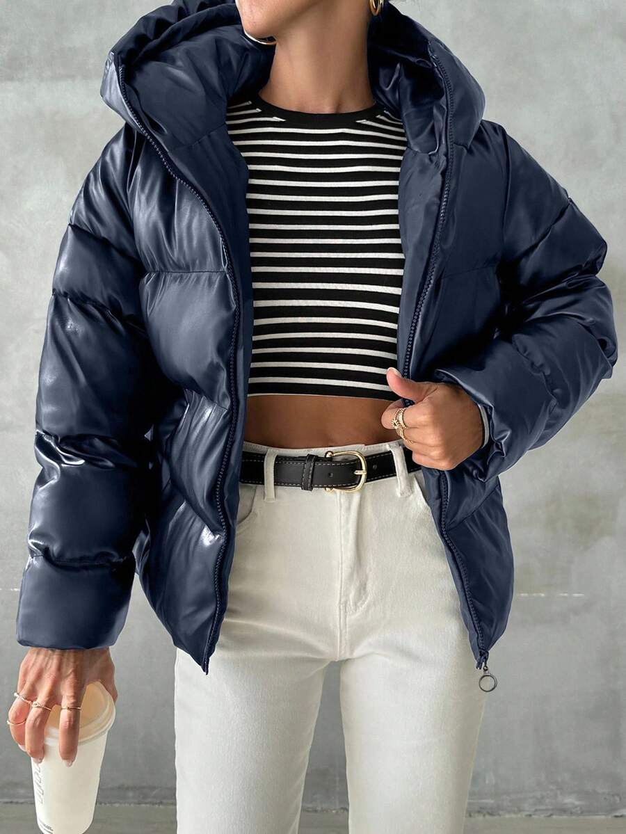 Blank puffer vinterjakke dame med hætte og høj krave, kort og vatteret, Marineblå, billede 5