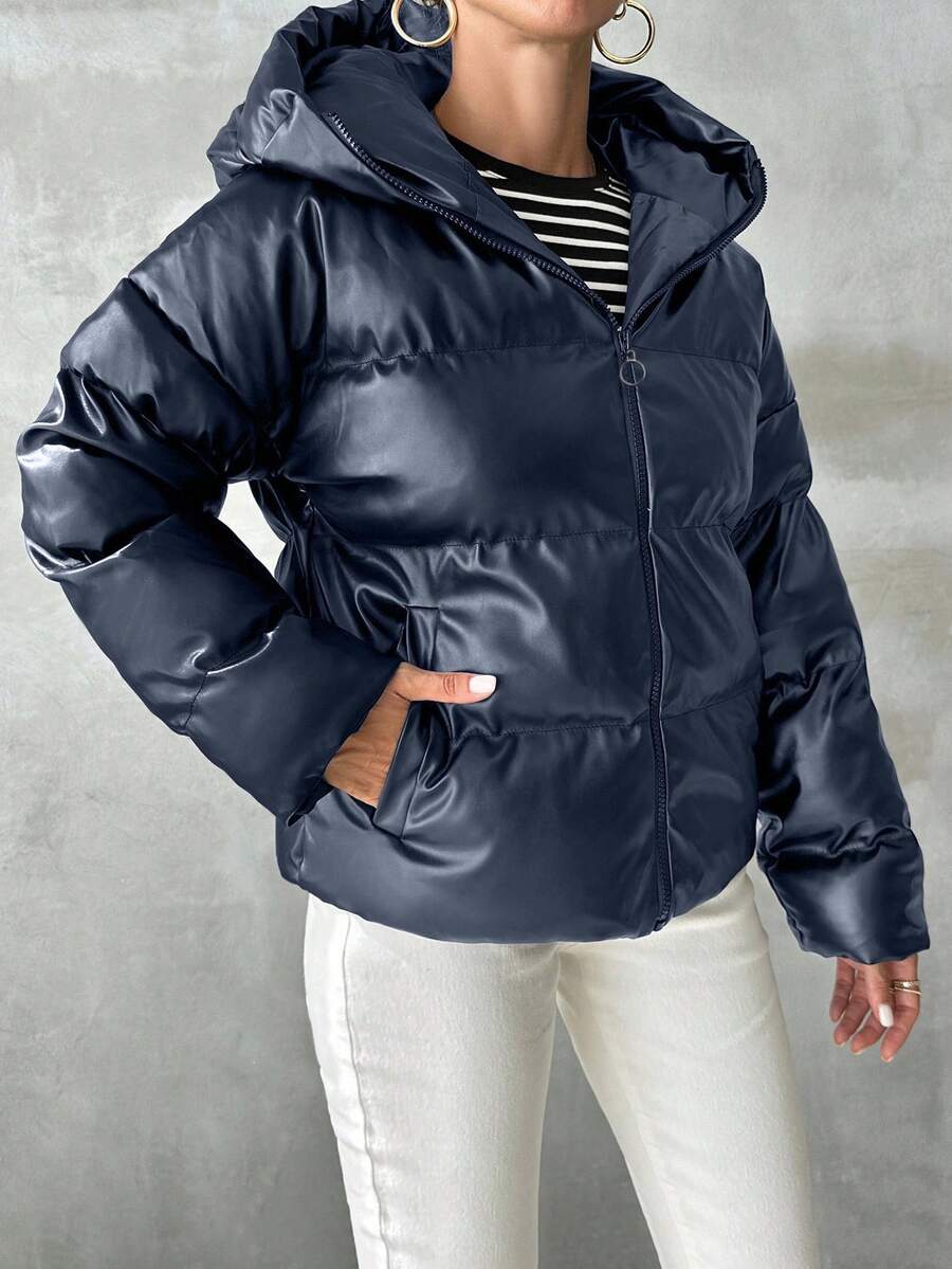 Blank puffer vinterjakke dame med hætte og høj krave, kort og vatteret, Marineblå, billede 6