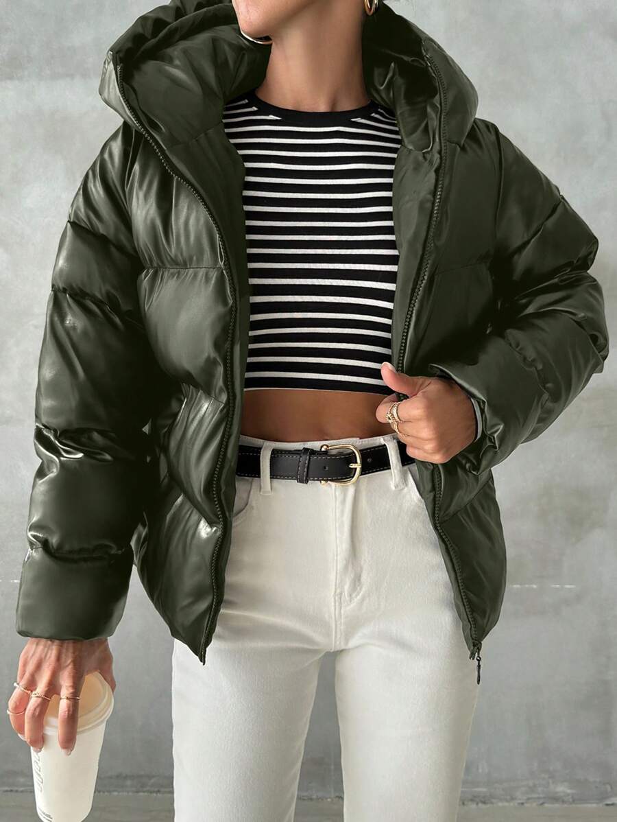 Blank puffer vinterjakke dame med hætte og høj krave, kort og vatteret, Mørkegrøn, billede 7