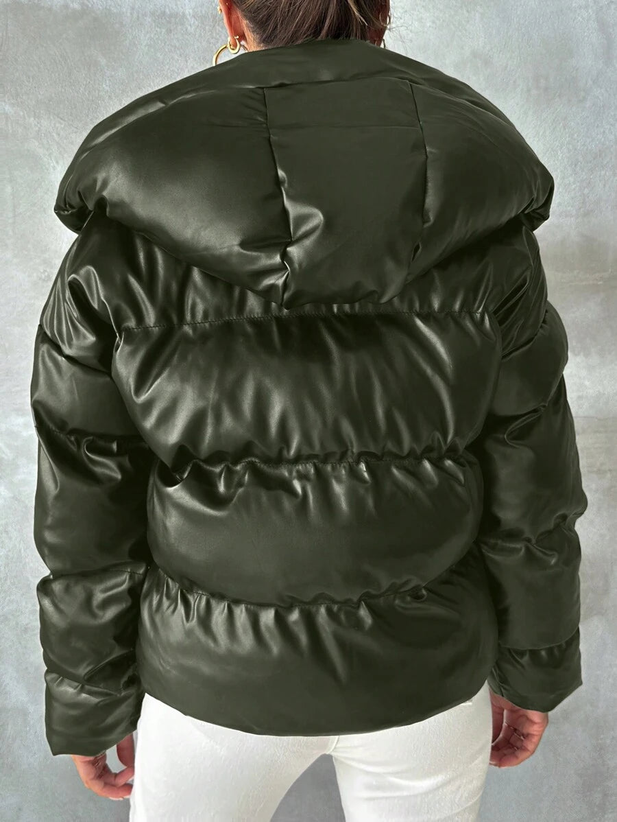Blank puffer vinterjakke dame med hætte og høj krave, kort og vatteret, Mørkegrøn, billede 8