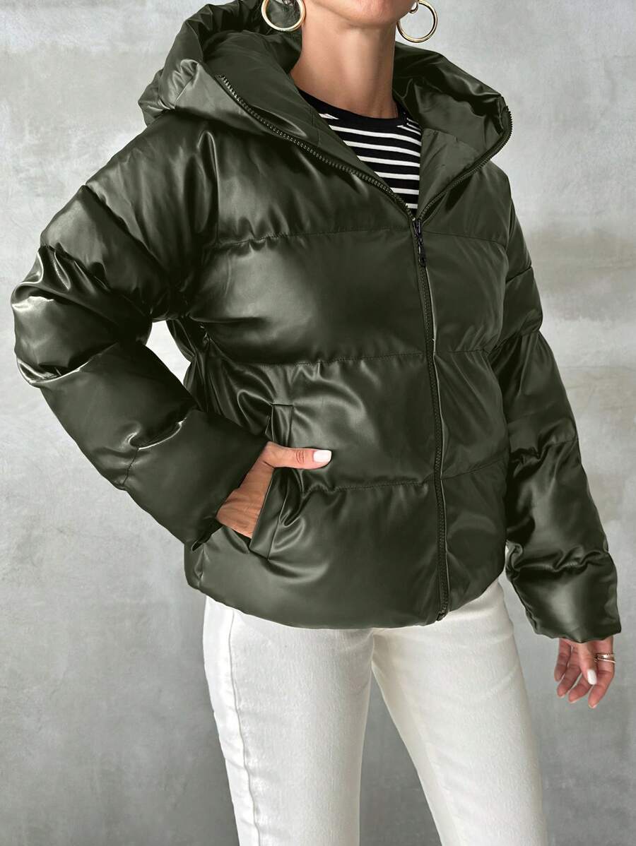 Blank puffer vinterjakke dame med hætte og høj krave, kort og vatteret, Mørkegrøn, billede 9