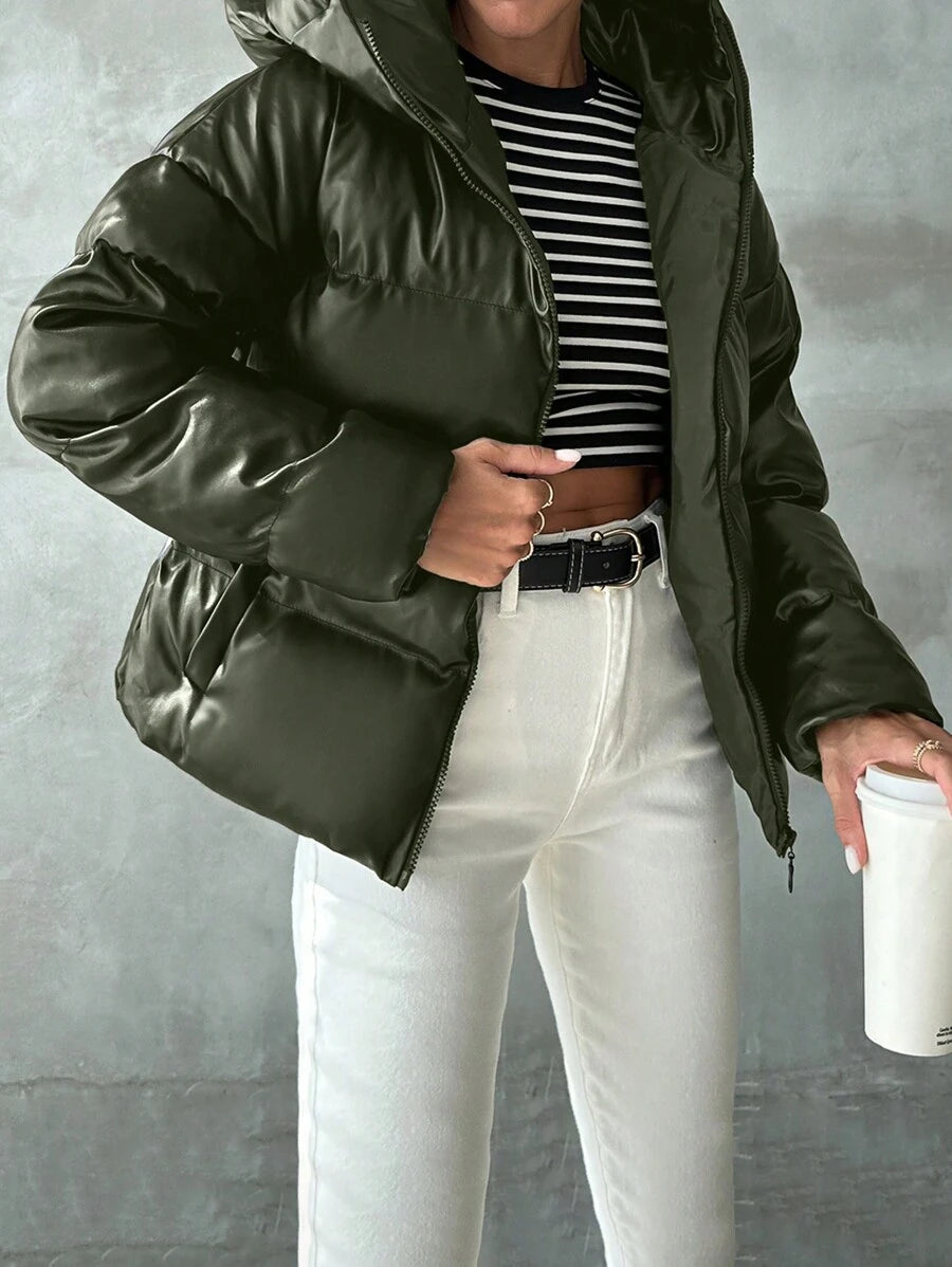 Blank puffer vinterjakke dame med hætte og høj krave, kort og vatteret, Mørkegrøn, billede 10