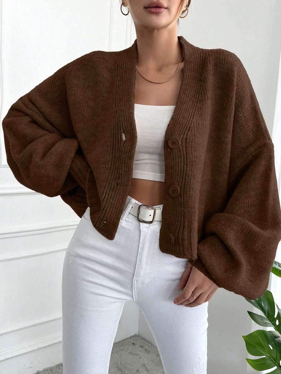 Cardigan dame i strik med V-hals og store knapper, kort model med ballonærmer, Kaffebrun, billede 10