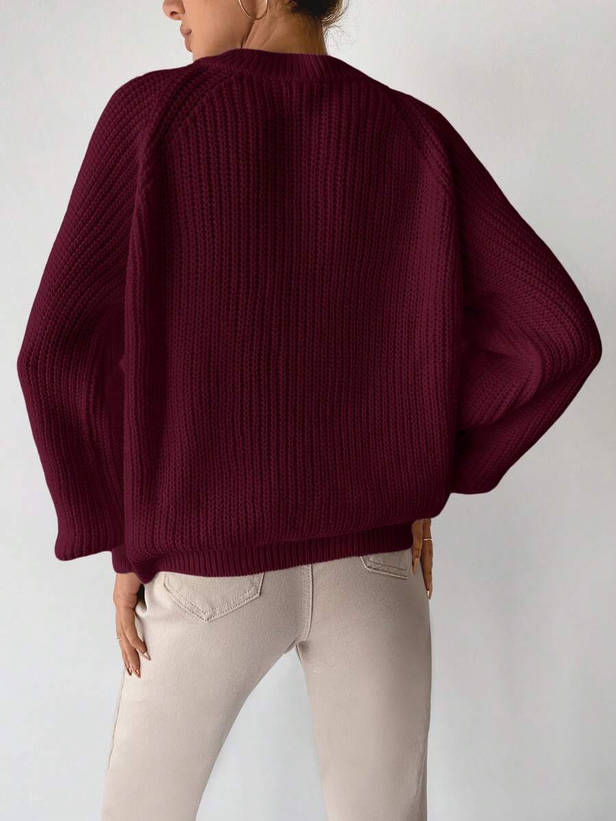 Dame sweater i grov ribstrik med rund hals og ballonærmer, løs pasform, Bourgogne, billede 2