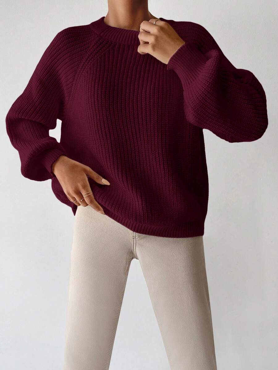 Dame sweater i grov ribstrik med rund hals og ballonærmer, løs pasform, Bourgogne, billede 3