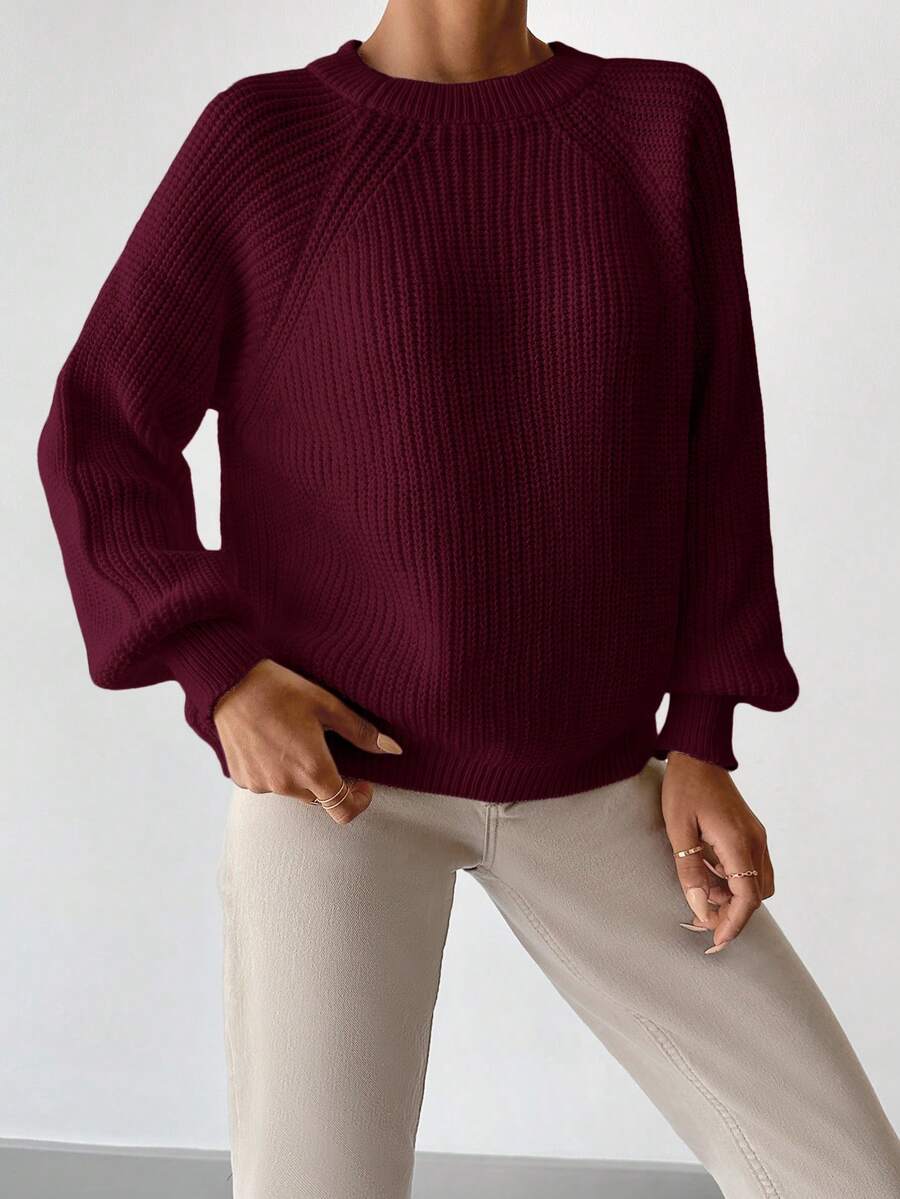Dame sweater i grov ribstrik med rund hals og ballonærmer, løs pasform, Bourgogne, billede 4