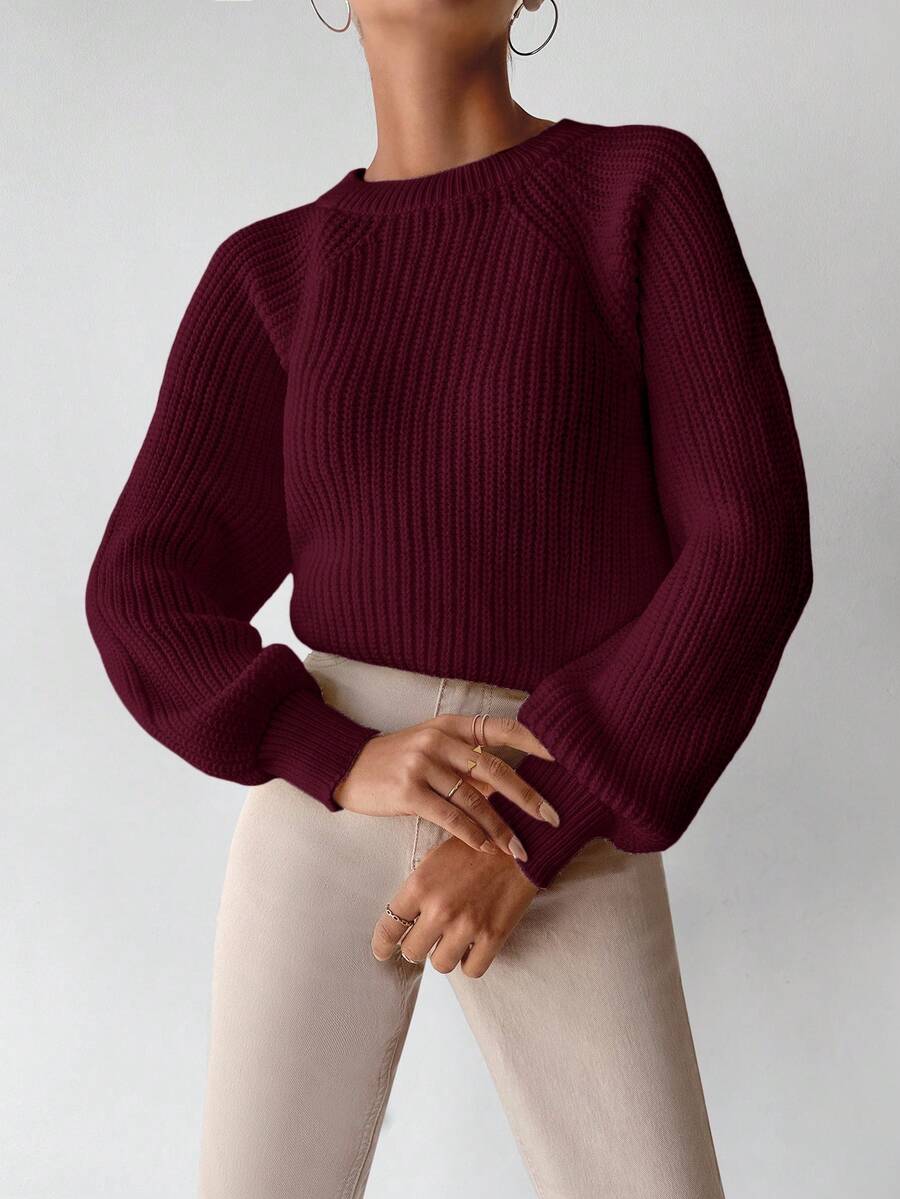 Dame sweater i grov ribstrik med rund hals og ballonærmer, løs pasform, Bourgogne, billede 5