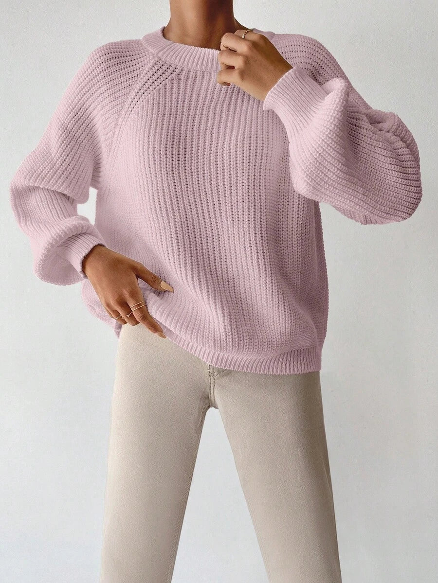 Dame sweater i grov ribstrik med rund hals og ballonærmer, løs pasform, Babylyserød, billede 8