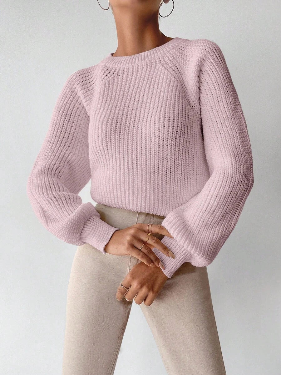 Dame sweater i grov ribstrik med rund hals og ballonærmer, løs pasform, Babylyserød, billede 9