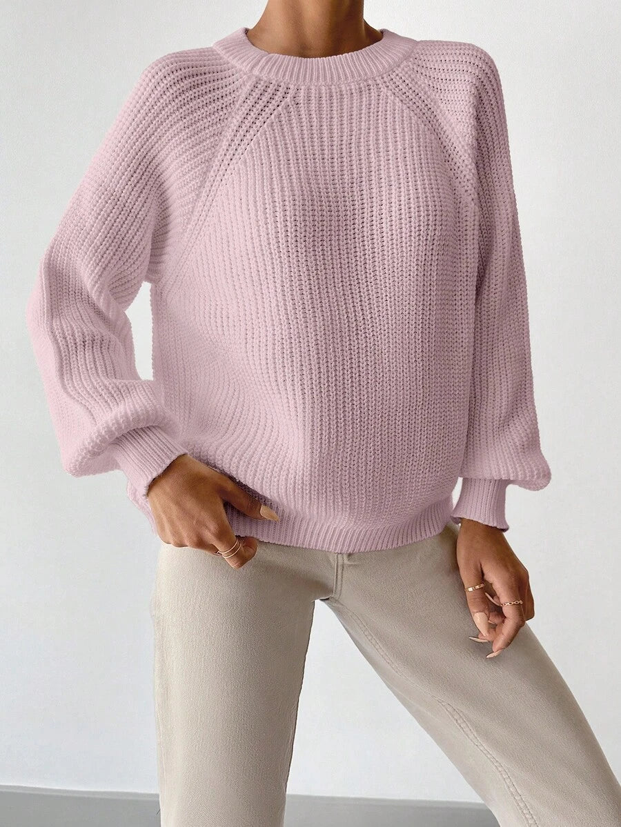 Dame sweater i grov ribstrik med rund hals og ballonærmer, løs pasform, Babylyserød, billede 10