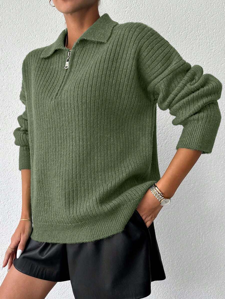 Dame sweater i ribstrik med krave og halv lynlås, løs pasform og sænkede skuldre, Armégrøn, billede 5