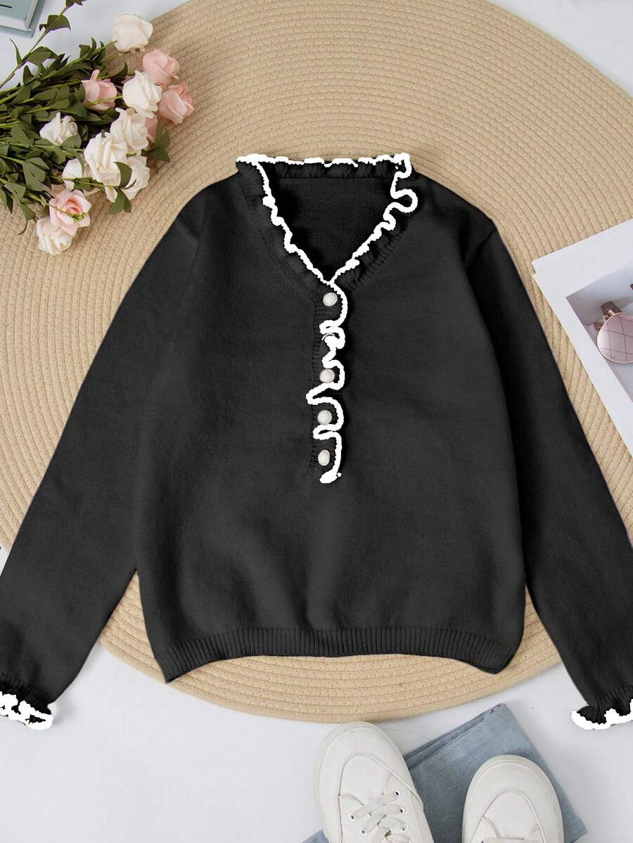 Dame sweater i strik med V-hals, perleknapper og bølget kontrastkant, Sort, billede 3