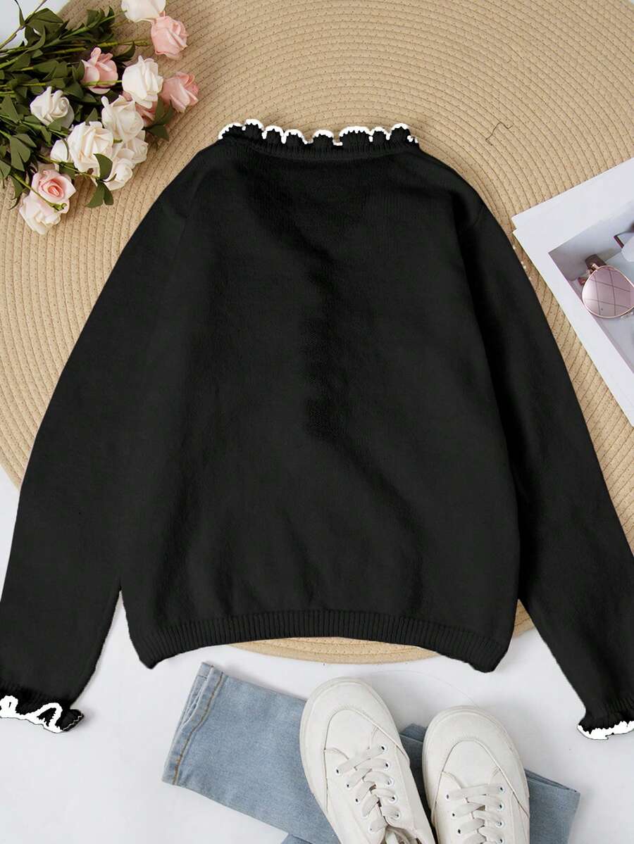 Dame sweater i strik med V-hals, perleknapper og bølget kontrastkant, Sort, billede 4