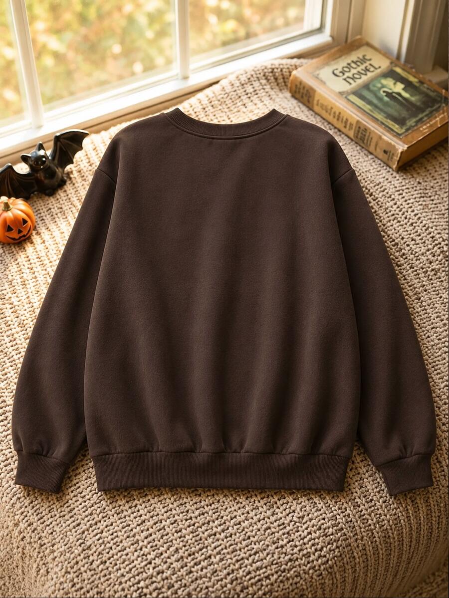 Dame sweatshirt med broderet spøgelse og bøger, fleece indvendigt og løs pasform, Brun, billede 2