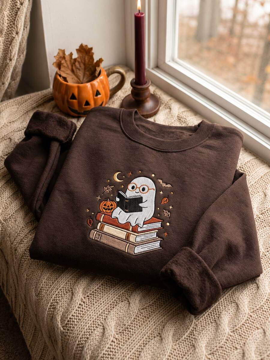 Dame sweatshirt med broderet spøgelse og bøger, fleece indvendigt og løs pasform, Brun, billede 3