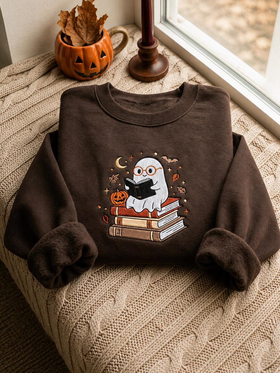 Dame sweatshirt med broderet spøgelse og bøger, fleece indvendigt og løs pasform, Brun, billede 4