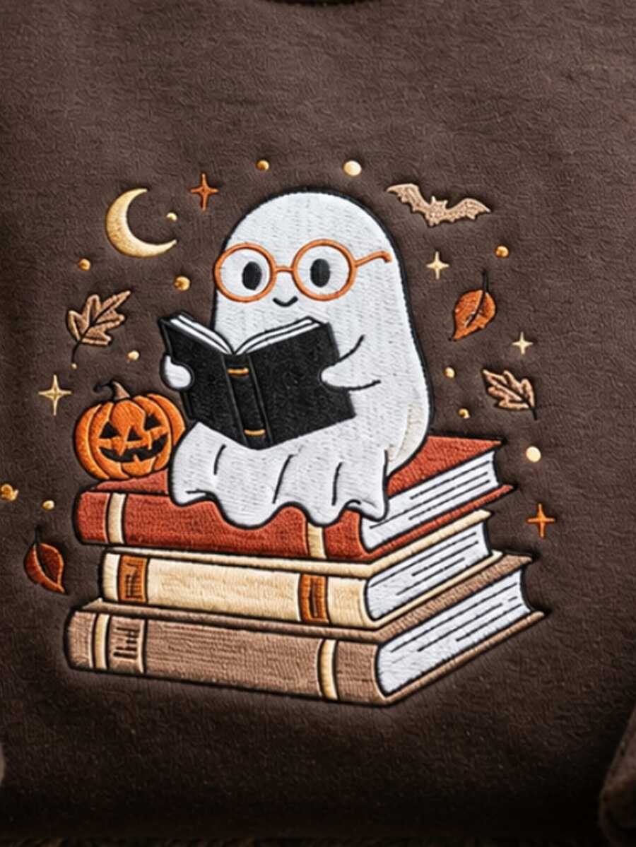 Dame sweatshirt med broderet spøgelse og bøger, fleece indvendigt og løs pasform, Brun, billede 5