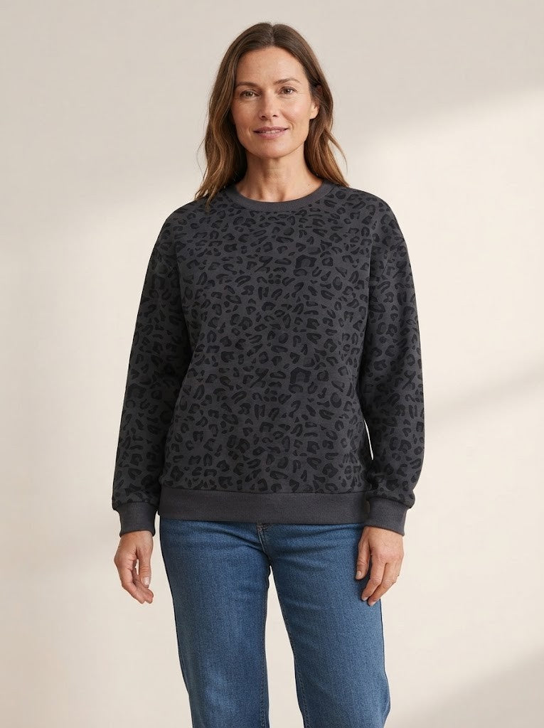 Dame sweatshirt med leopardprint, rund hals, ribkanter og normal pasform, Grå