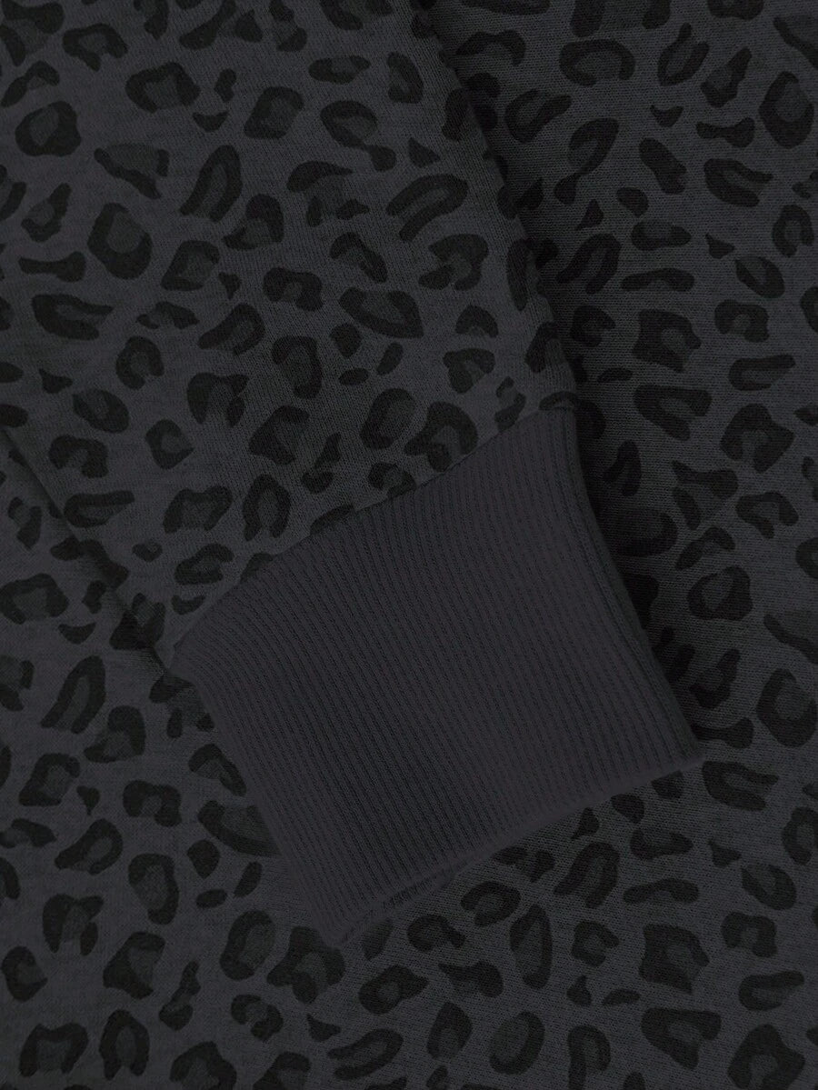 Dame sweatshirt med leopardprint, rund hals, ribkanter og normal pasform, Grå, billede 3