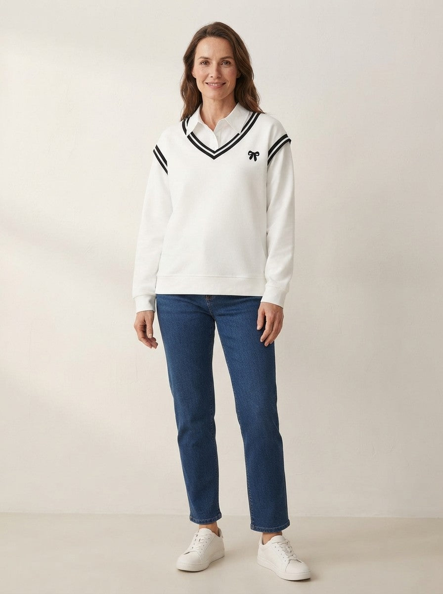 Dame sweatshirt med skjortekrave i 2-i-1-look, stribet V-kant og sløjfe, Hvid