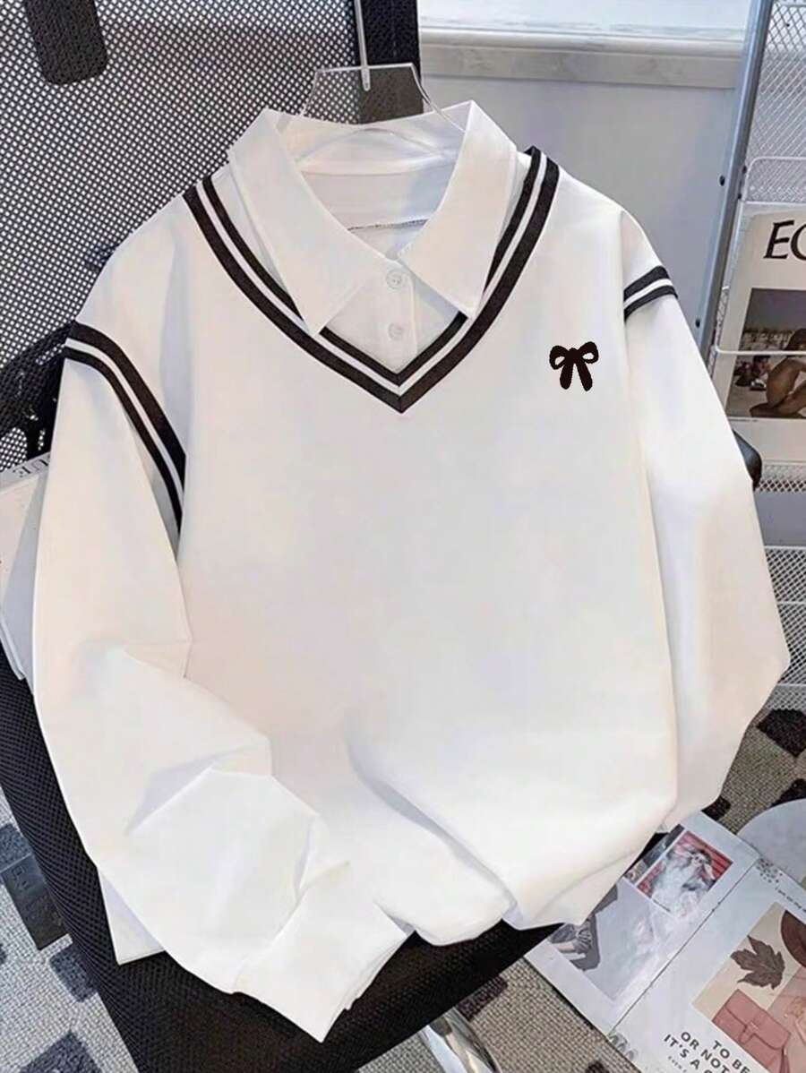 Dame sweatshirt med skjortekrave i 2-i-1-look, stribet V-kant og sløjfe, Hvid