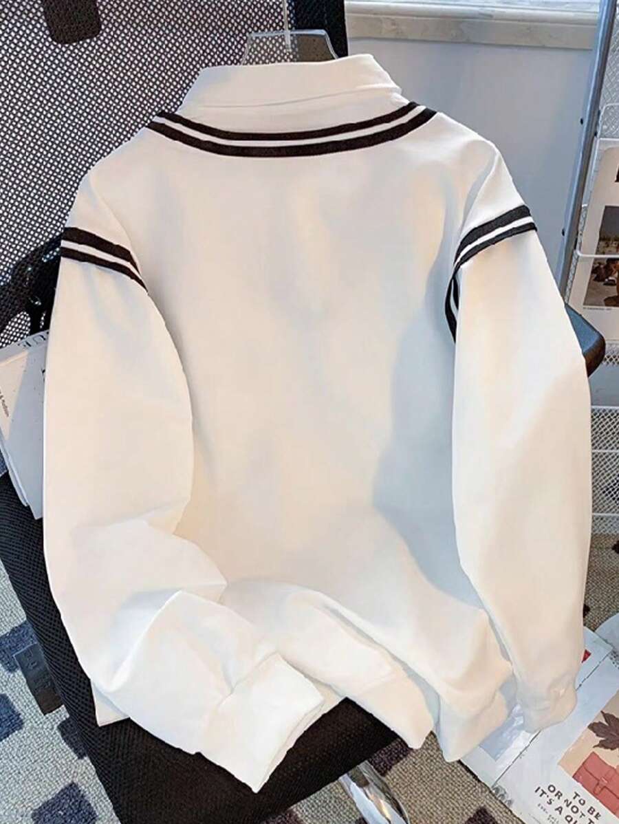 Dame sweatshirt med skjortekrave i 2-i-1-look, stribet V-kant og sløjfe, Hvid, billede 2