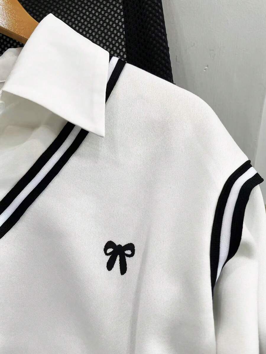 Dame sweatshirt med skjortekrave i 2-i-1-look, stribet V-kant og sløjfe, Hvid, billede 3