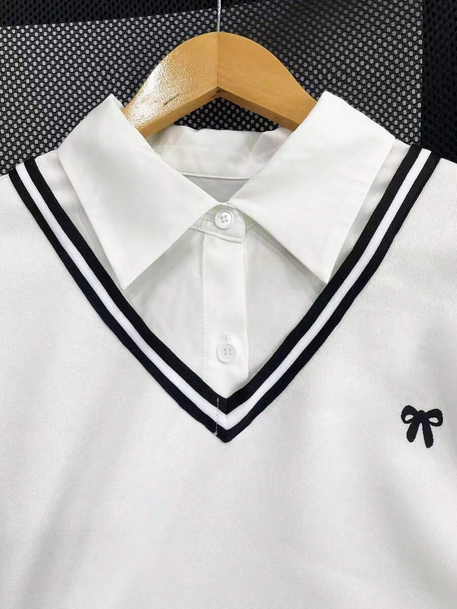 Dame sweatshirt med skjortekrave i 2-i-1-look, stribet V-kant og sløjfe, Hvid, billede 4