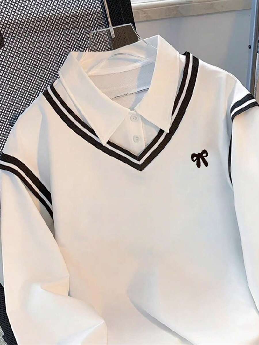 Dame sweatshirt med skjortekrave i 2-i-1-look, stribet V-kant og sløjfe, Hvid, billede 6