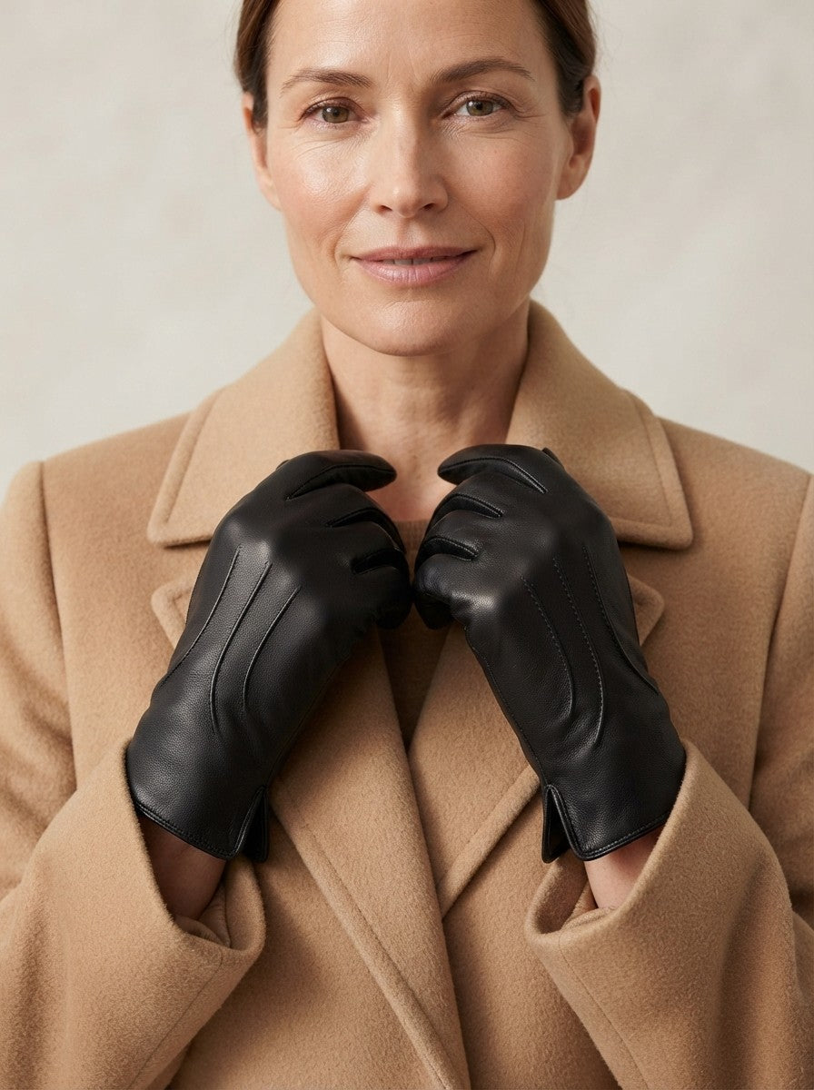 Handsker dame i kunstlæder med pyntesømme, klassisk model med hele fingre, Sort