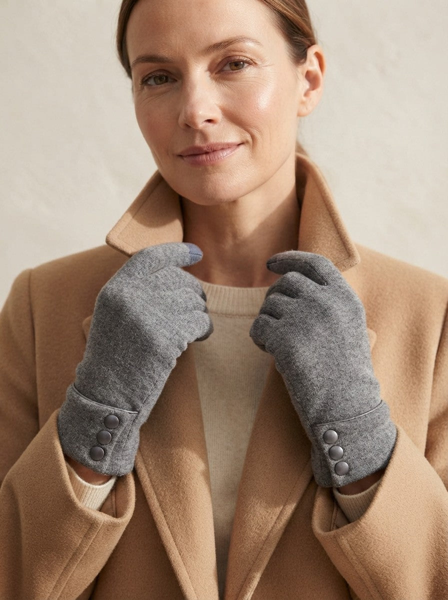 Handsker dame med touch og blød for, elegant model med tre knapper ved håndleddet, Grå