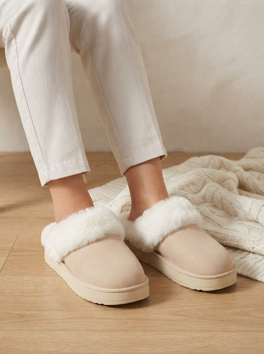 Hjemmesko dame med foer og kant i kunstig pels, lukket model med tyk sål, Beige