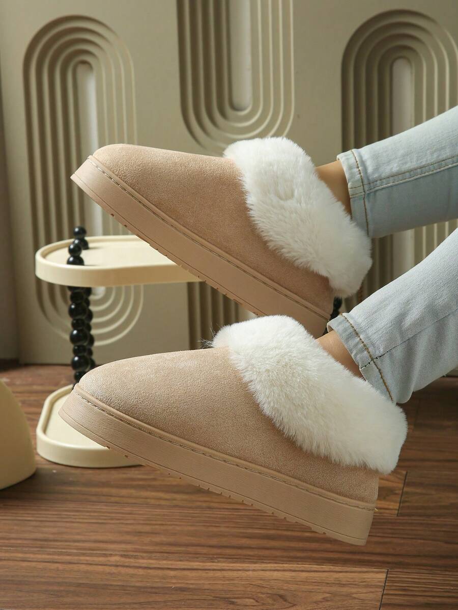 Hjemmesko dame med foer og kant i kunstig pels, lukket model med tyk sål, Beige, billede 2