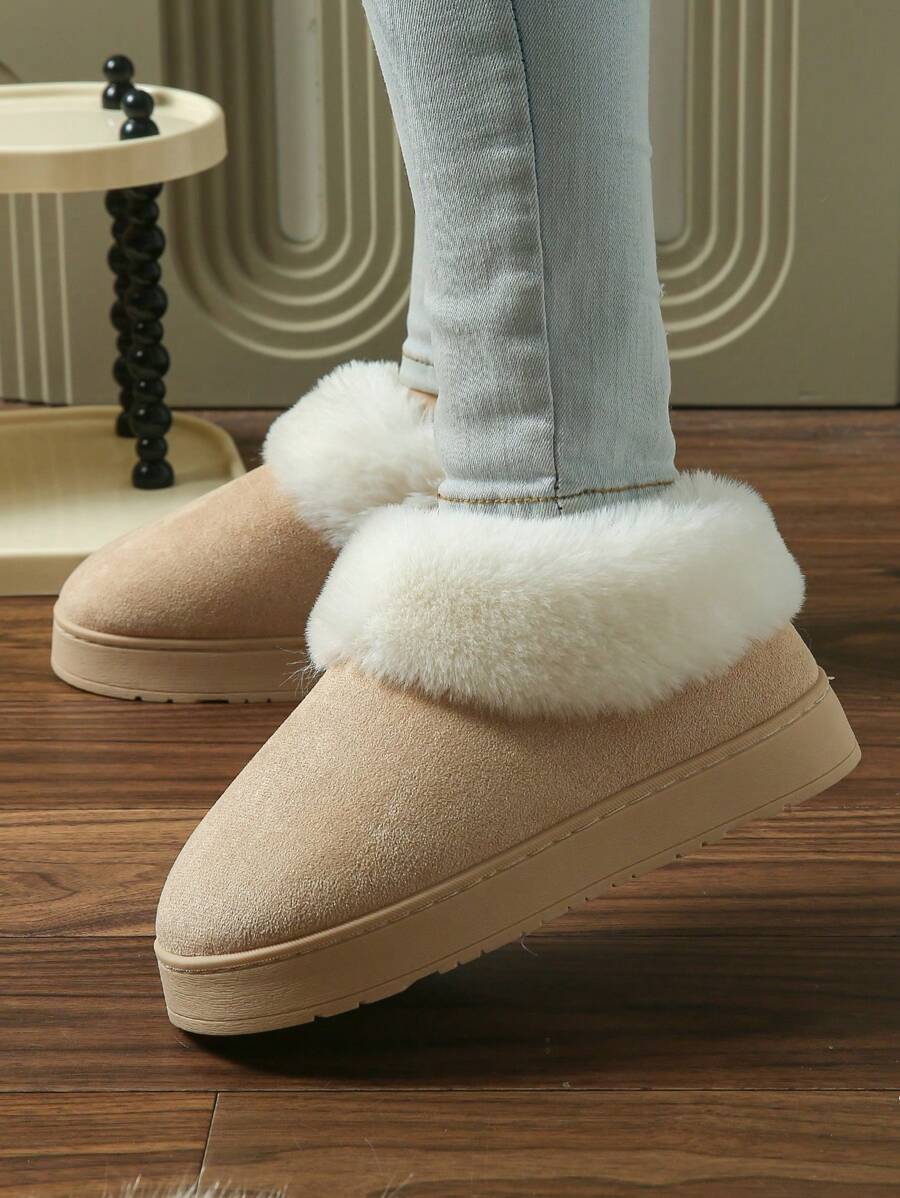 Hjemmesko dame med foer og kant i kunstig pels, lukket model med tyk sål, Beige, billede 5
