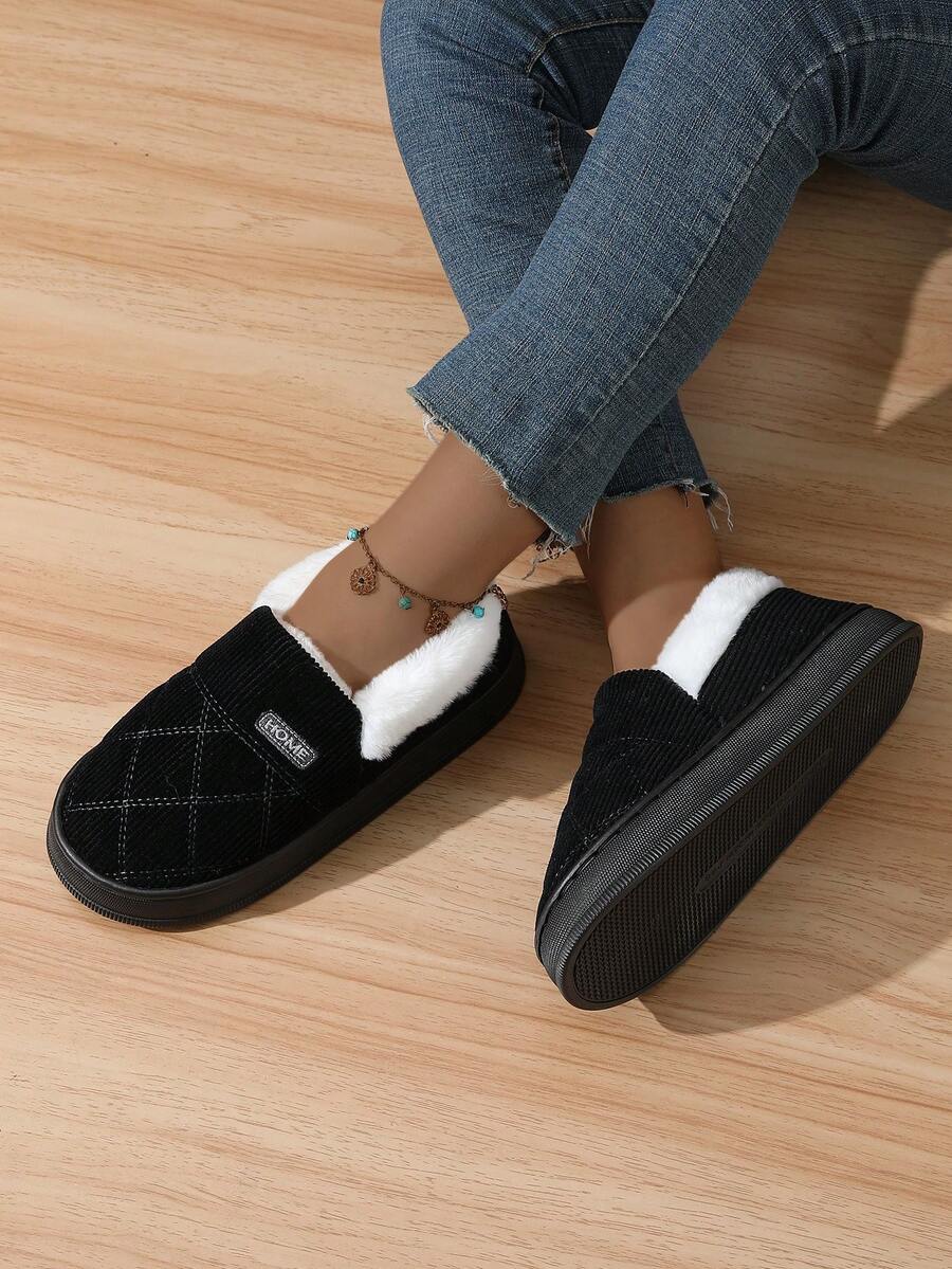 Hjemmesko dame med plyskant og tyk sål, lukket model i quiltet stof, Sort, billede 4