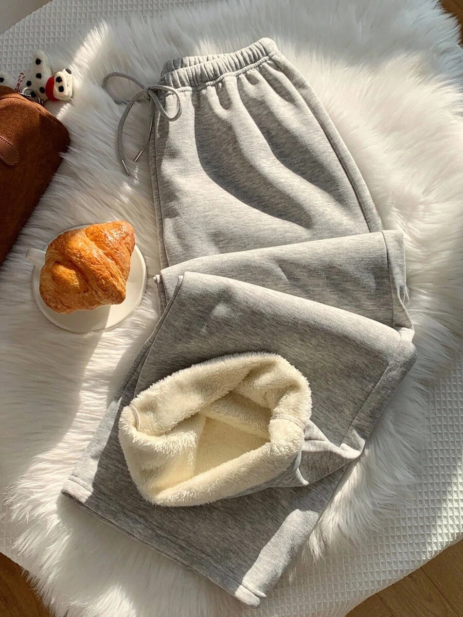 Joggingbukser dame med tyk teddyfor og snøre i taljen, løs pasform og ekstra lange ben, Flerfarvet, billede 3