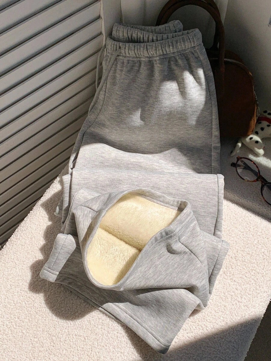 Joggingbukser dame med tyk teddyfor og snøre i taljen, løs pasform og ekstra lange ben, Flerfarvet, billede 5