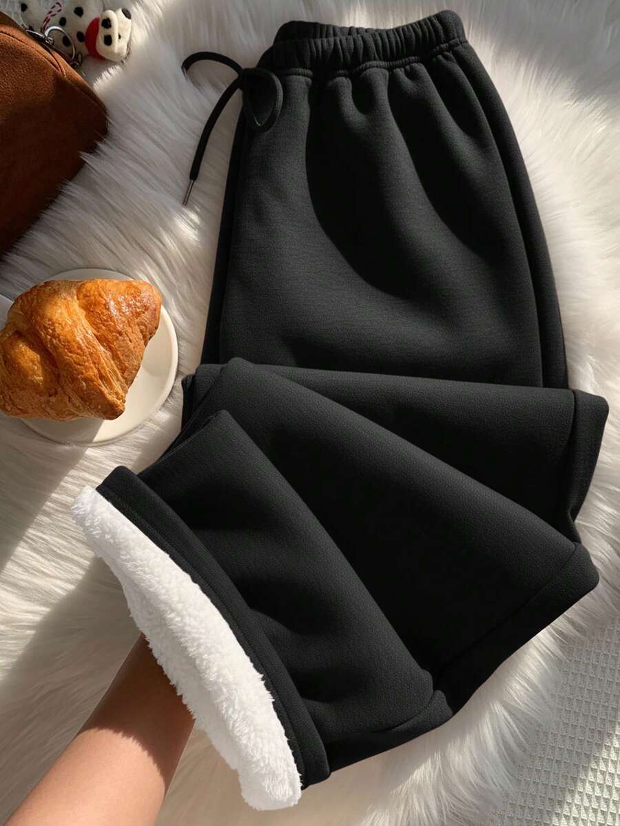 Joggingbukser dame med tyk teddyfor og snøre i taljen, løs pasform og ekstra lange ben, Sort, billede 11