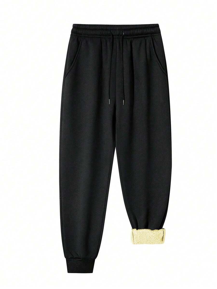 Joggingbukser dame med tyk teddyfor, snøre i taljen, lommer og ribkant ved anklen, Sort, billede 3