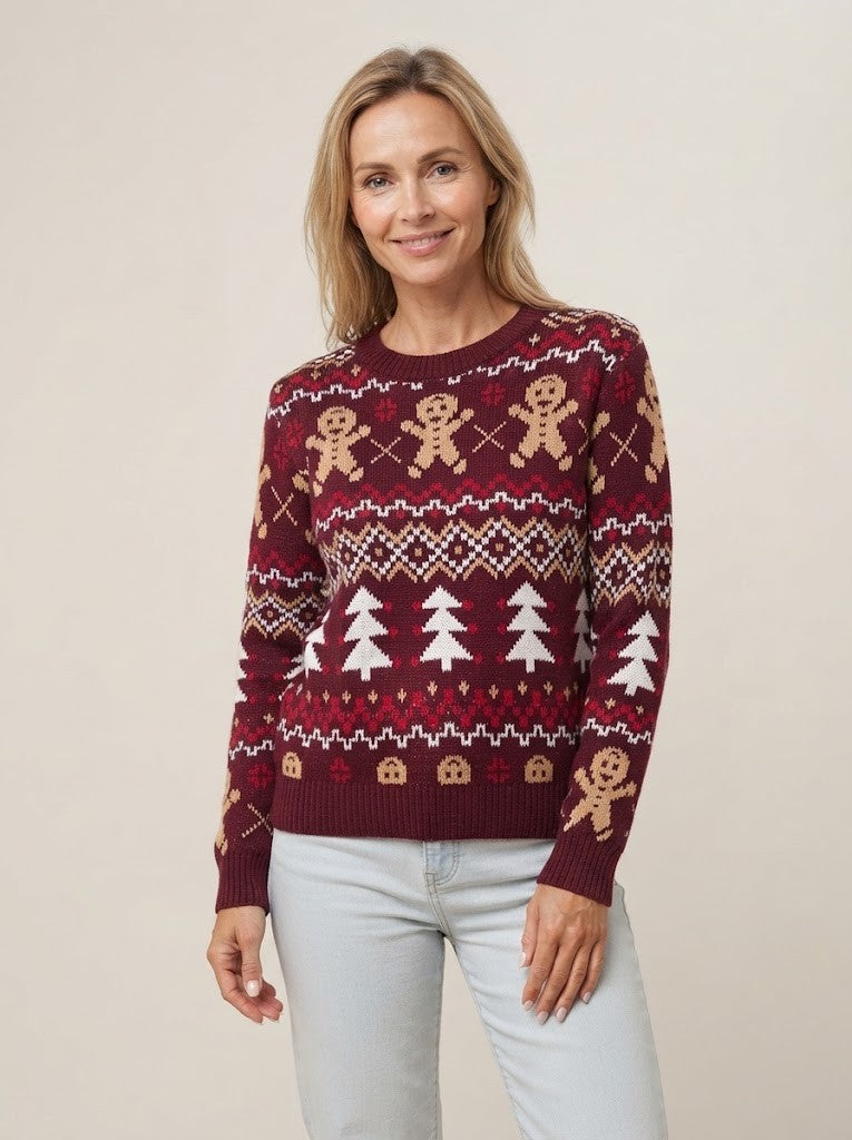 Julesweater dame i strik med honningkagemænd, juletræer og nordisk mønster, Flerfarvet