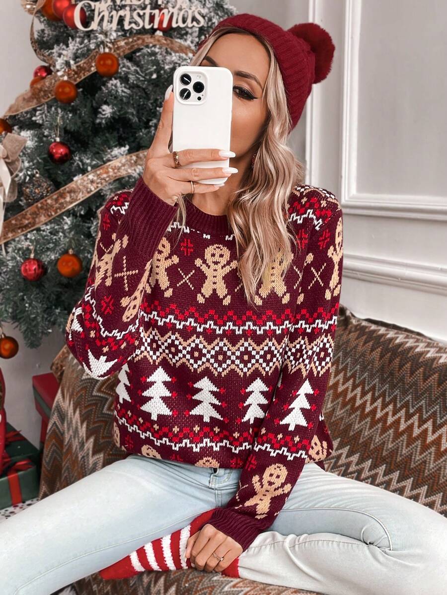 Julesweater dame i strik med honningkagemænd, juletræer og nordisk mønster, Flerfarvet