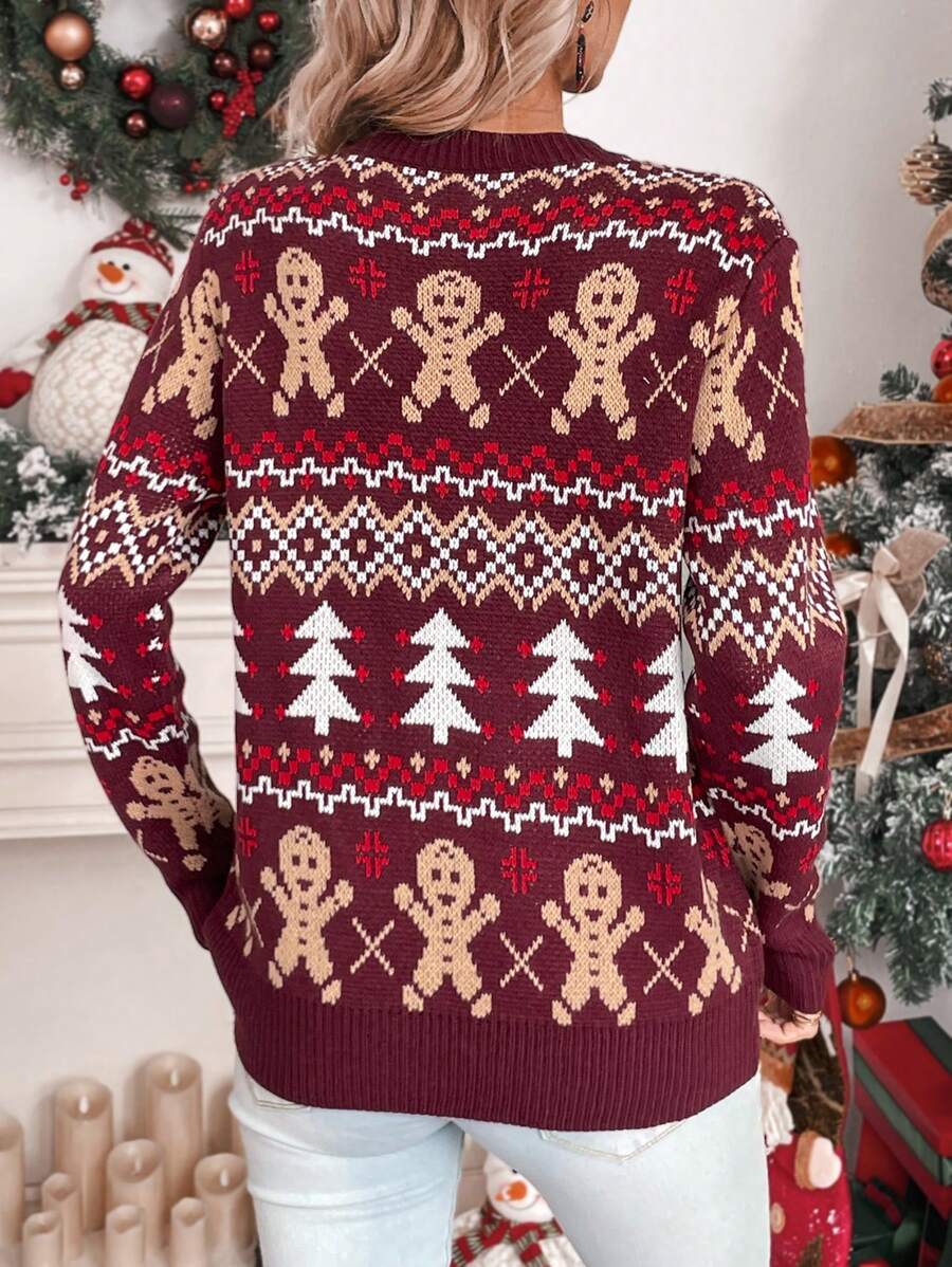 Julesweater dame i strik med honningkagemænd, juletræer og nordisk mønster, Flerfarvet, billede 2