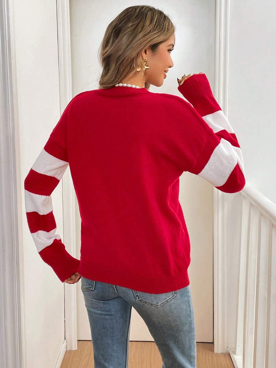 Julesweater dame i strik med julemand, V-hals, sænkede skuldre og stribede ærmer, Rød, billede 2