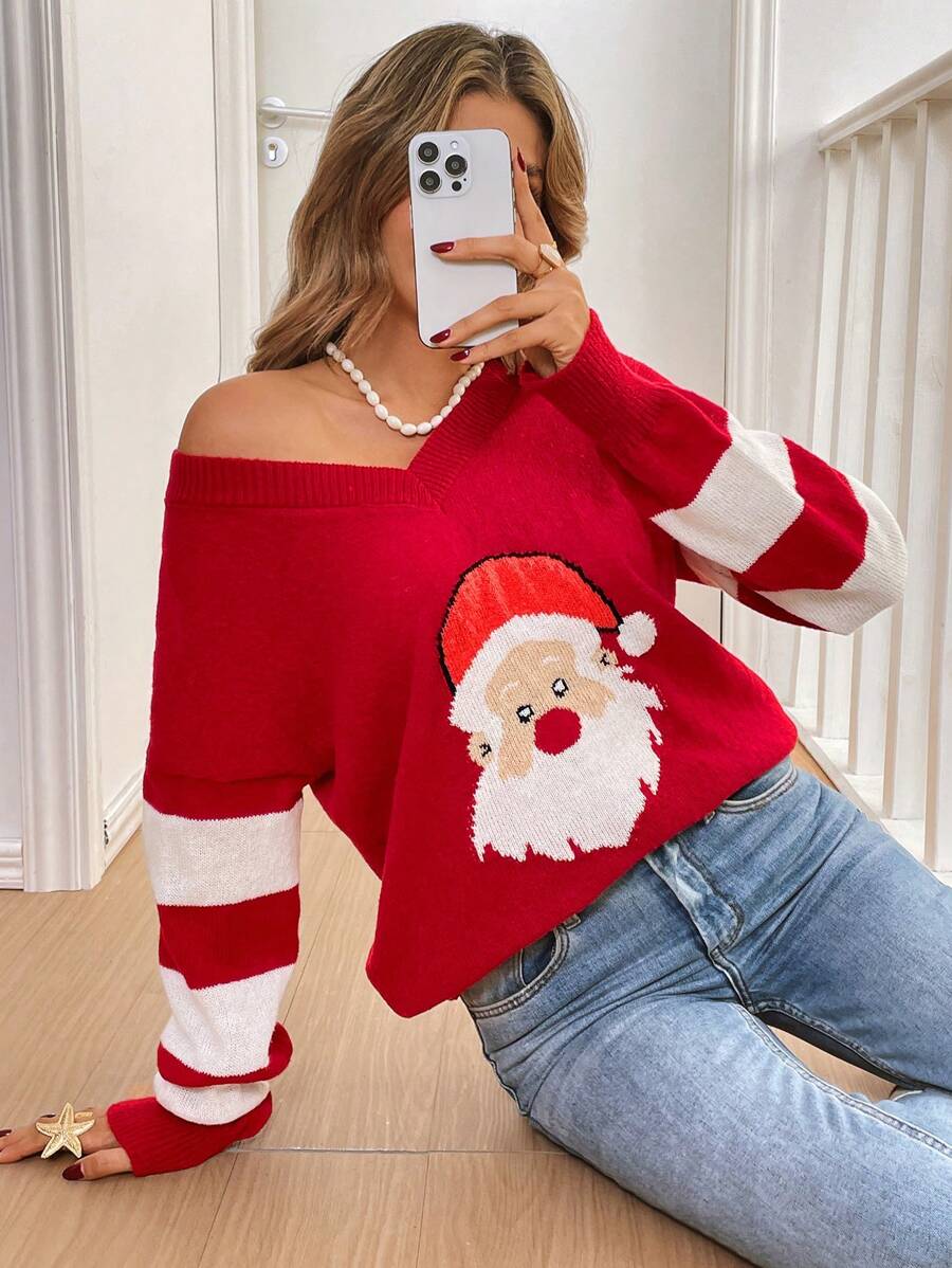Julesweater dame i strik med julemand, V-hals, sænkede skuldre og stribede ærmer, Rød, billede 5