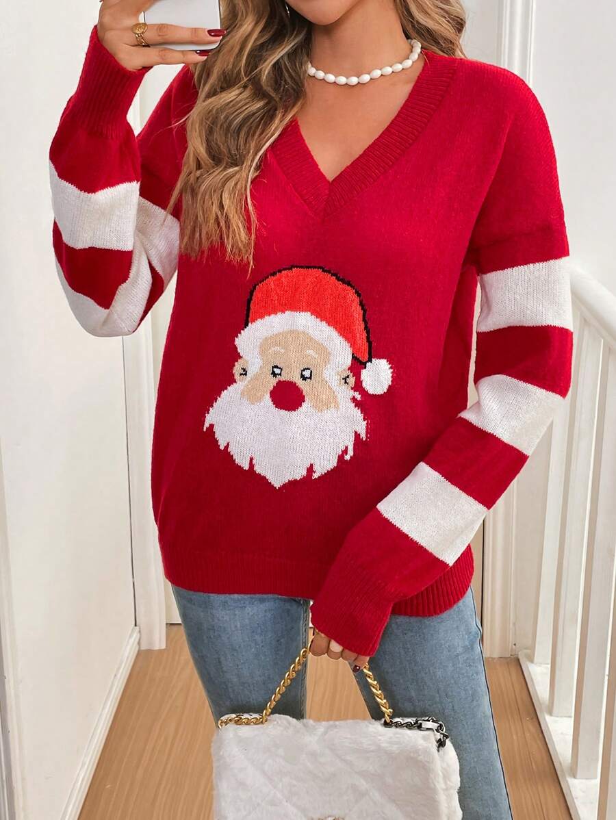 Julesweater dame i strik med julemand, V-hals, sænkede skuldre og stribede ærmer, Rød, billede 6