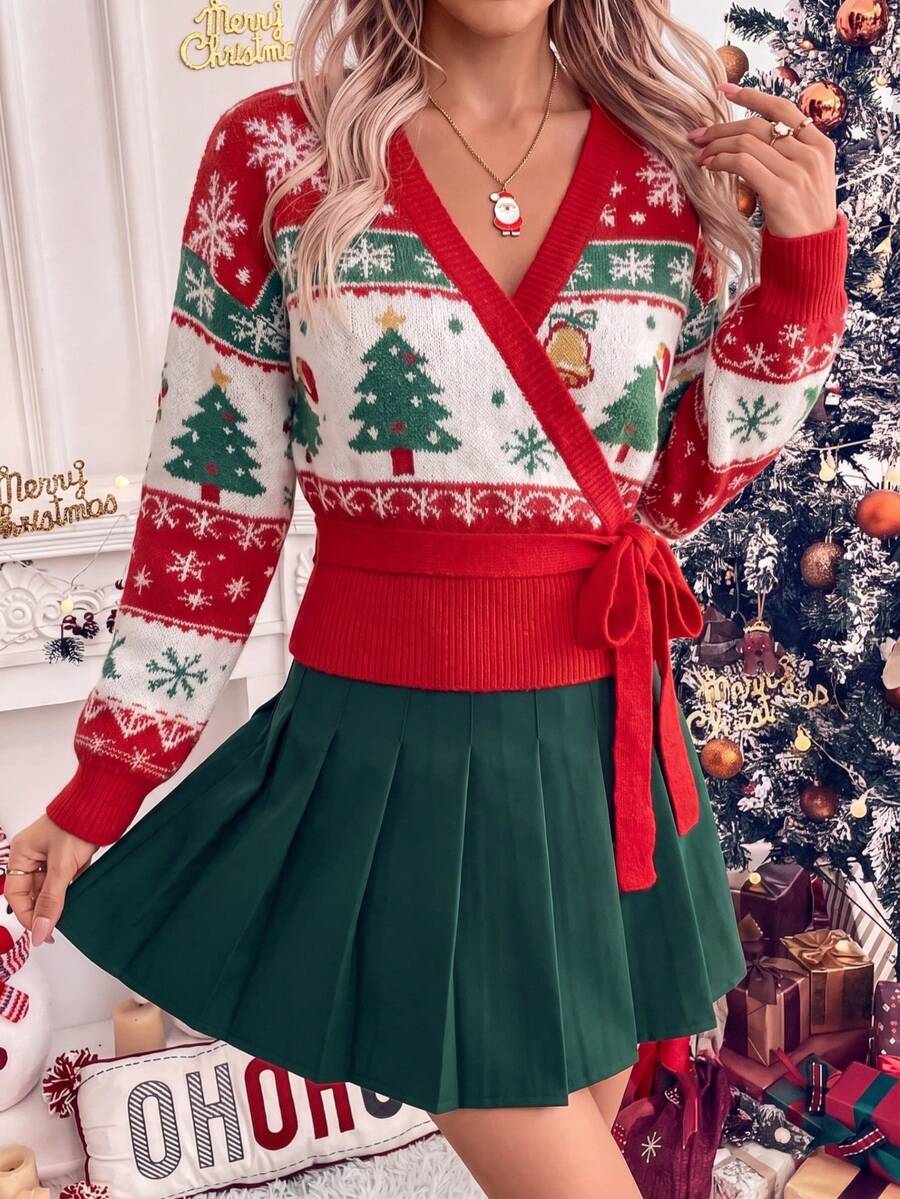 Julesweater dame i strik med slå om-effekt og bindebånd, kort model med V-hals, Rød, billede 4